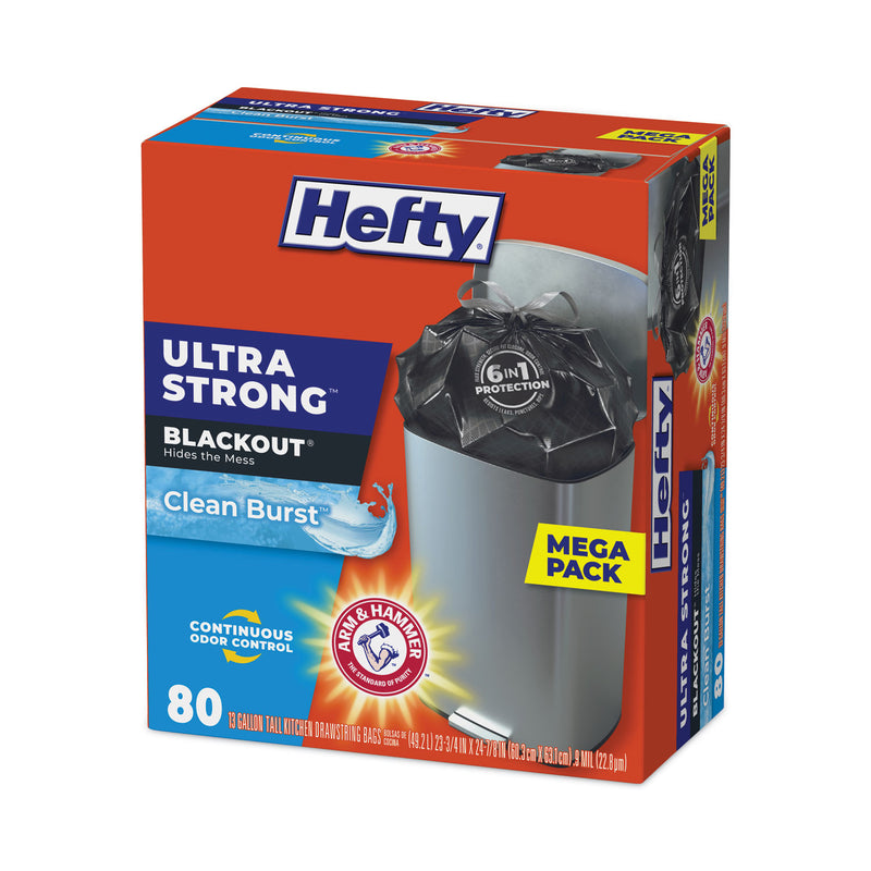 Hefty Ultra Strong BlackOut Tall-Kitchen Drawstring Bags, 13 gal, 0.9 mil, 23.75" x 24.88", Black, 80/Box