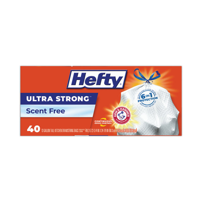 Hefty Ultra Strong Tall Kitchen and Trash Bags, 13 gal, 0.9 mil, 23.75" x 24.88", White, 40/Box, 6 Boxes/Carton