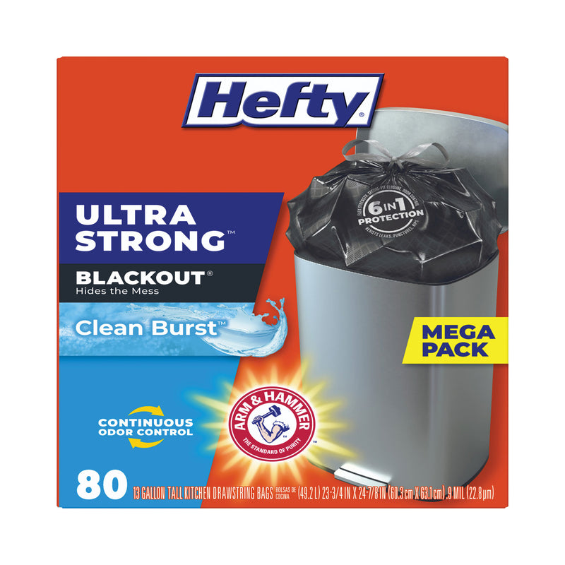 Hefty Ultra Strong BlackOut Tall-Kitchen Drawstring Bags, 13 gal, 0.9 mil, 23.75" x 24.88", Black, 240/Carton