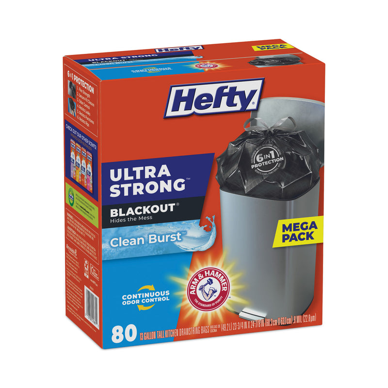 Hefty Ultra Strong BlackOut Tall-Kitchen Drawstring Bags, 13 gal, 0.9 mil, 23.75" x 24.88", Black, 80/Box