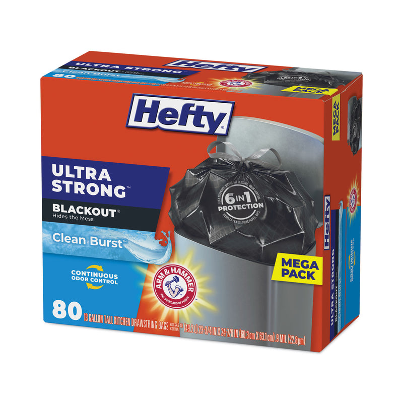 Hefty Ultra Strong BlackOut Tall-Kitchen Drawstring Bags, 13 gal, 0.9 mil, 23.75" x 24.88", Black, 240/Carton