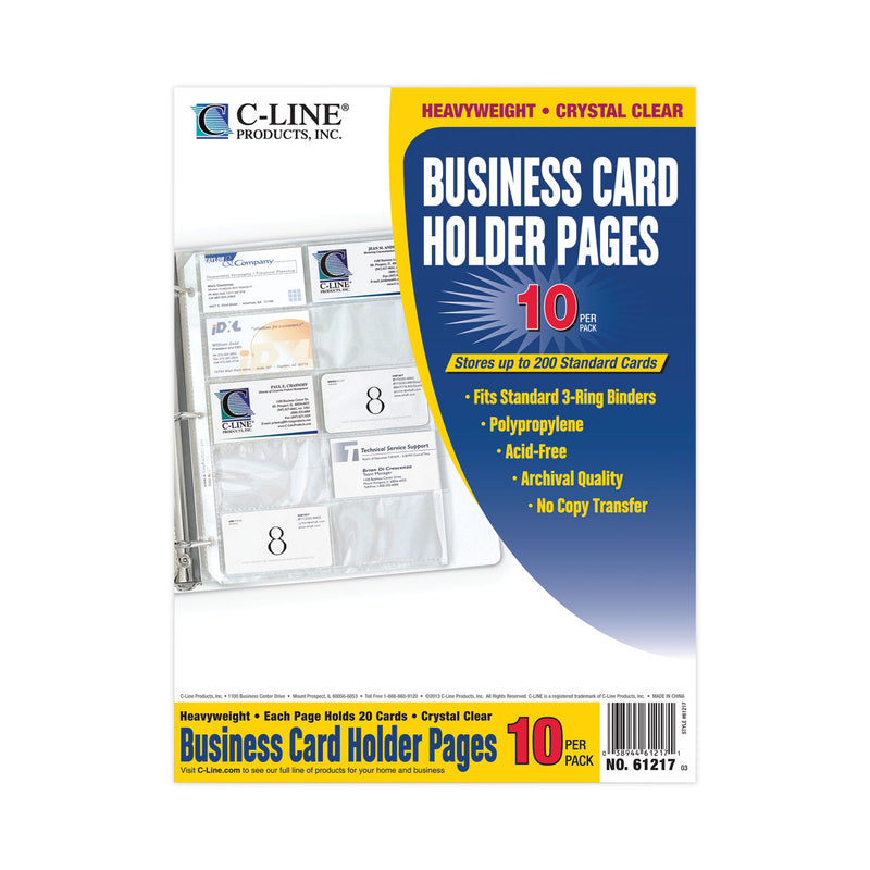 C-Line Business Card Binder Pages, For 2 x 3.5 Cards, Clear, 20 Cards/Sheet, 10 Sheets/Pack