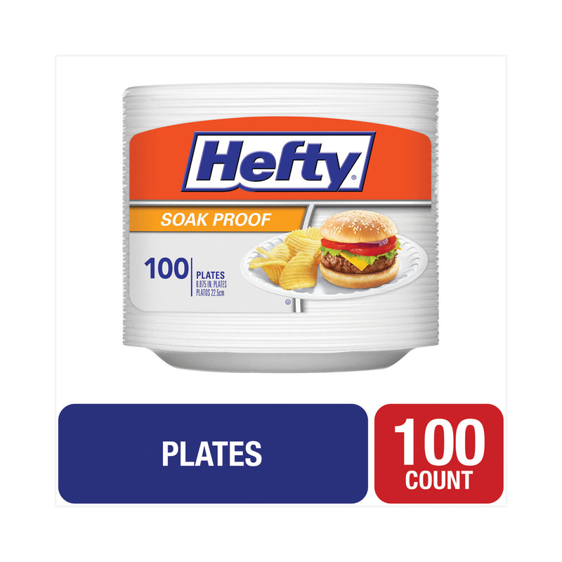 Hefty Soak Proof Tableware, Foam Plates, 8.88" dia, White, 100/Pack