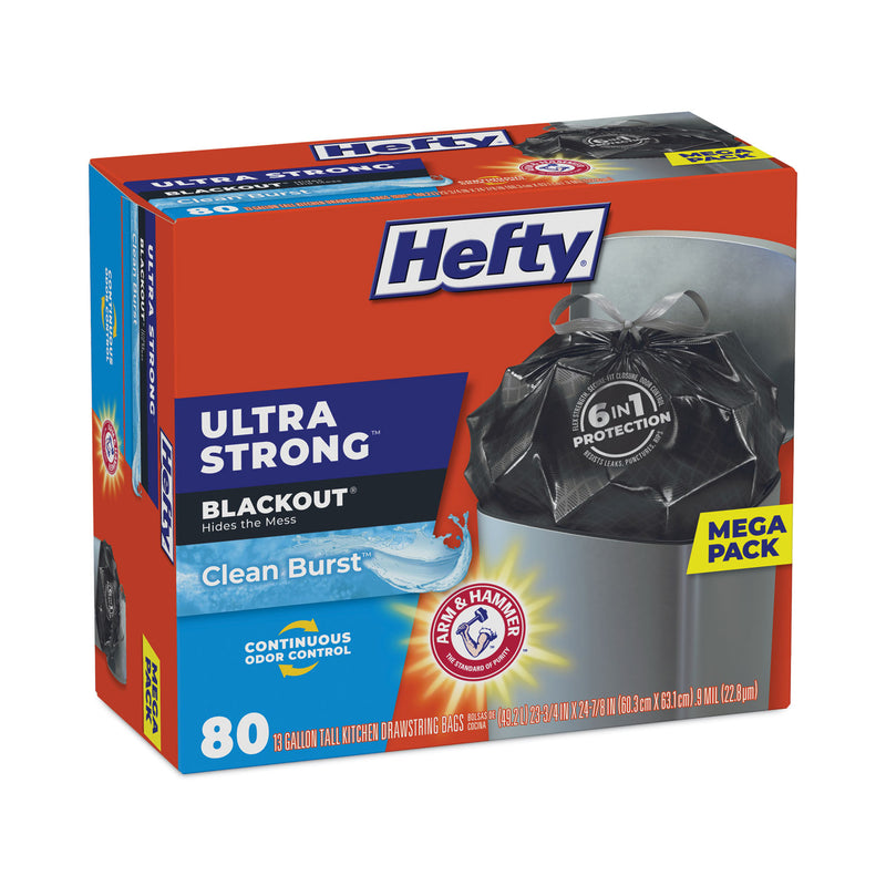 Hefty Ultra Strong BlackOut Tall-Kitchen Drawstring Bags, 13 gal, 0.9 mil, 23.75" x 24.88", Black, 240/Carton
