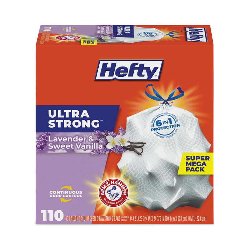 Hefty Ultra Strong Scented Tall White Kitchen Bags, 13 gal, 0.9 mil, 23.75" x 24.88", White, 110/Box