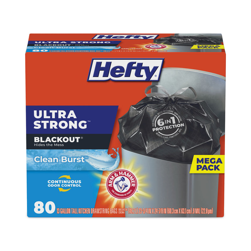 Hefty Ultra Strong BlackOut Tall-Kitchen Drawstring Bags, 13 gal, 0.9 mil, 23.75" x 24.88", Black, 240/Carton