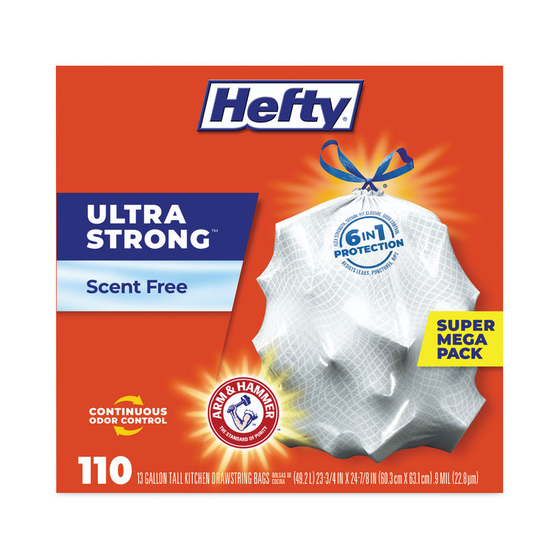 Hefty Ultra Strong Tall Kitchen and Trash Bags, 13 gal, 0.9 mil, 23.75" x 24.88", White, 110/Box