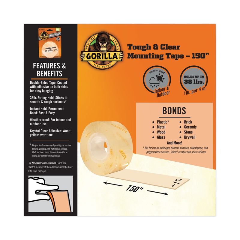 Gorilla Tough & Clear Double-Sided Mounting Tape, Permanent, Holds Up to 0.25 lb per Inch, 1" x 12.5 ft, Clear