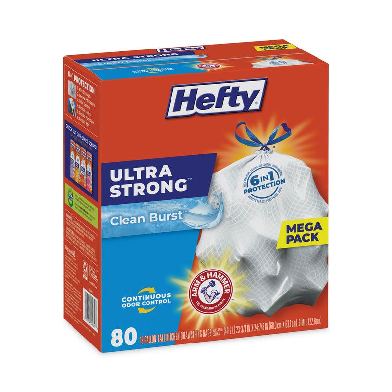 Hefty Ultra Strong Scented Tall White Kitchen Bags, 13 gal, 0.9 mil, 23.75" x 24.88", White, 80/Box