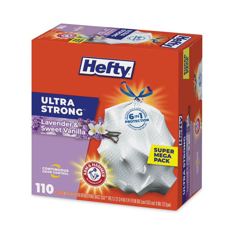 Hefty Ultra Strong Scented Tall White Kitchen Bags, 13 gal, 0.9 mil, 23.75" x 24.88", White, 110/Box