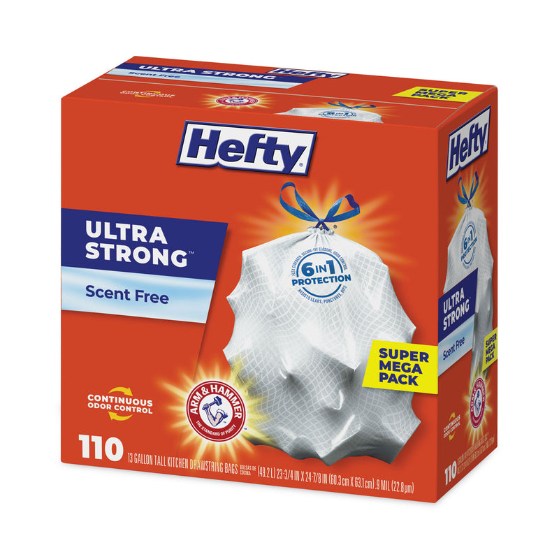 Hefty Ultra Strong Tall Kitchen and Trash Bags, 13 gal, 0.9 mil, 23.75" x 24.88", White, 110/Box