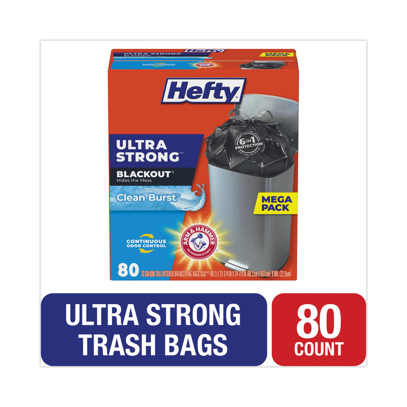 Hefty Ultra Strong BlackOut Tall-Kitchen Drawstring Bags, 13 gal, 0.9 mil, 23.75" x 24.88", Black, 80/Box