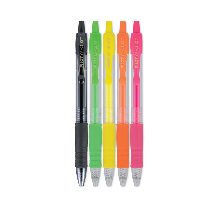 Pilot G2 Neon Gel Pen, Retractable, Fine 0.7 mm, Assorted Neon Ink and Barrel Colors, 5/Pack