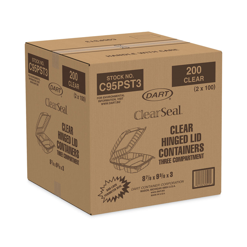 Dart ClearSeal Hinged-Lid Plastic Containers, 3-Compartment, 9.4 x 8.9 x 3, Plastic, 100/Bag, 2 Bags/Carton