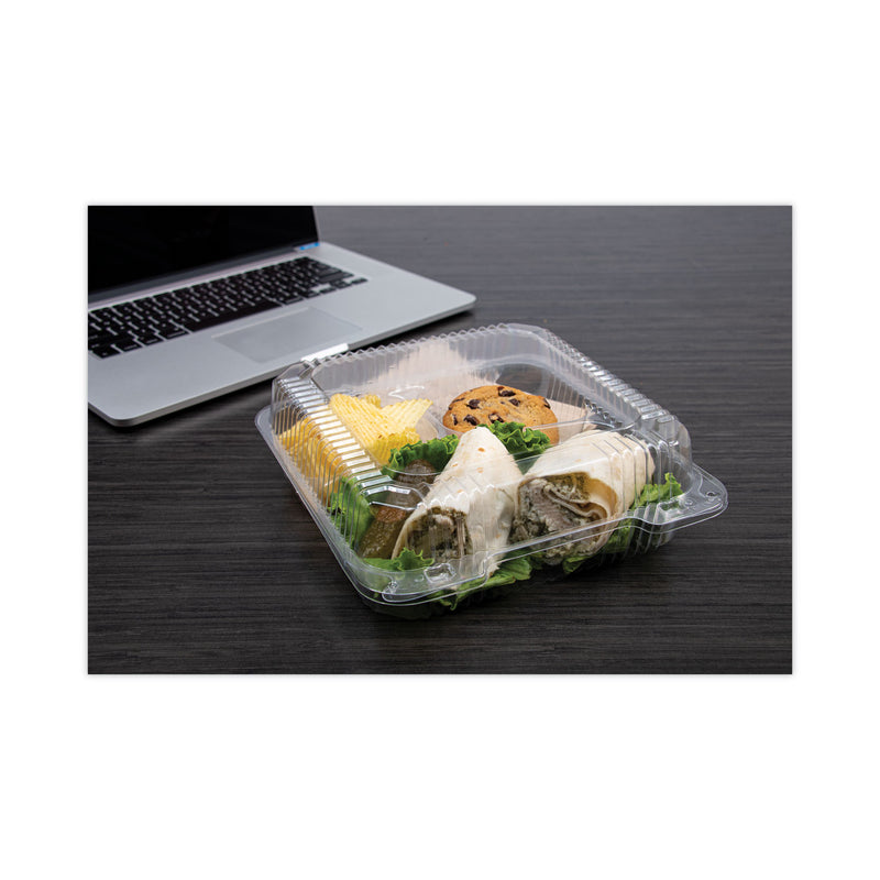 Dart StayLock Clear Hinged Lid Containers, 3-Compartment, 8.6 x 9 x 3, Clear, Plastic, 100/Packs, 2 Packs/Carton