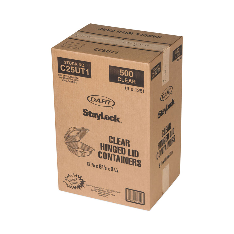 Dart StayLock Clear Hinged Lid Containers, 6.5 x 6.1 x 3, Clear, Plastic, 125/Pack, 4 Packs/Carton