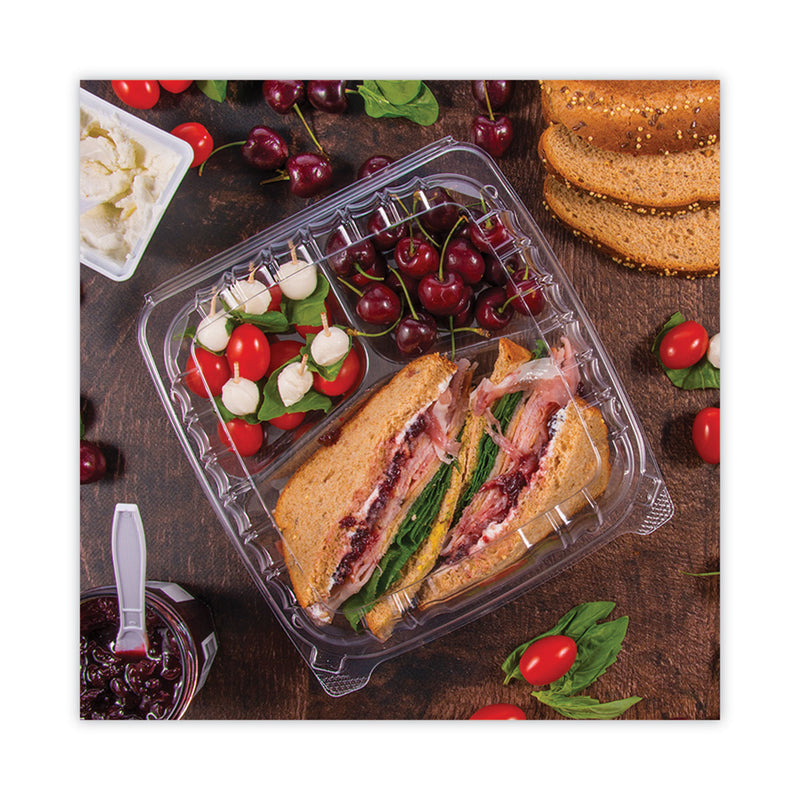 Dart ClearSeal Hinged-Lid Plastic Containers, 3-Compartment, 9.4 x 8.9 x 3, Plastic, 100/Bag, 2 Bags/Carton