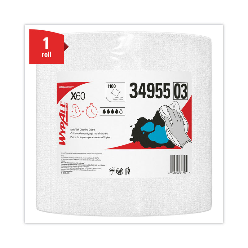 WypAll General Clean X60 Cloths, Jumbo Roll, 12.2 x 12.4, White, 1,100/Roll