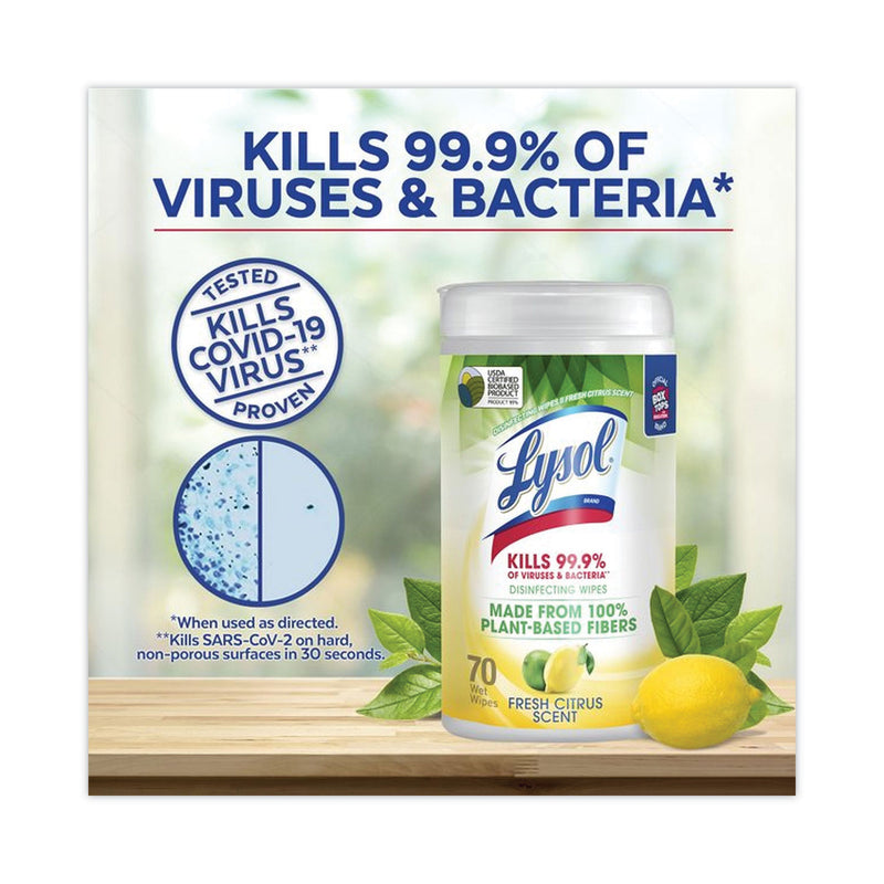 LYSOL Disinfecting Wipes II Fresh Citrus, 7 x 7.25, 70 Wipes/Canister, 6 Canisters/Carton