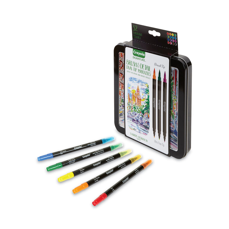 Crayola Brush and Detail Dual Ended Markers, Extra-Fine Brush/Bullet Tips, Assorted Colors, 16/Set