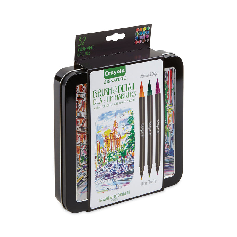 Crayola Brush and Detail Dual Ended Markers, Extra-Fine Brush/Bullet Tips, Assorted Colors, 16/Set