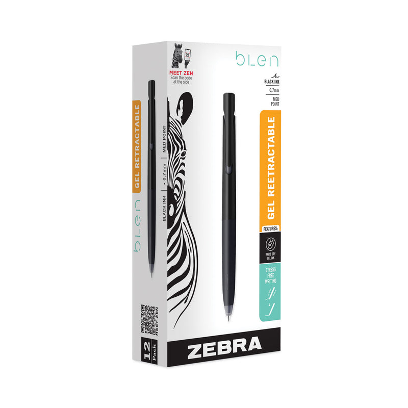 Zebra bLen Gel Pen, Retractable, Fine 0.7 mm, Black Ink, Black Barrel, Dozen