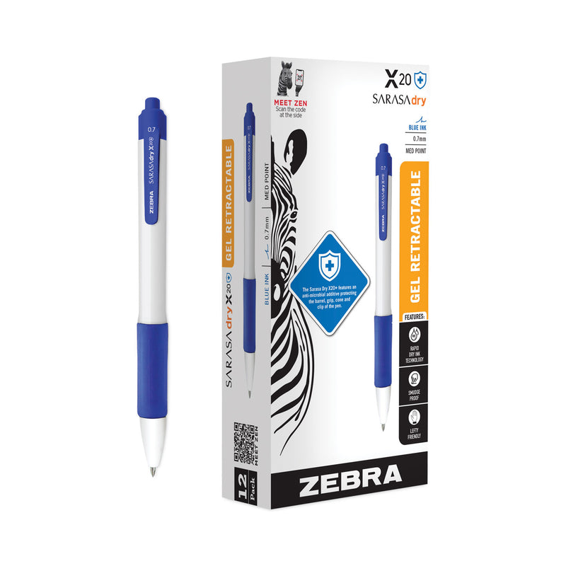 Zebra Sarasa Dry X20+ Gel Pen, Retractable, Fine 0.7 mm, Blue Ink, White Barrel, Dozen