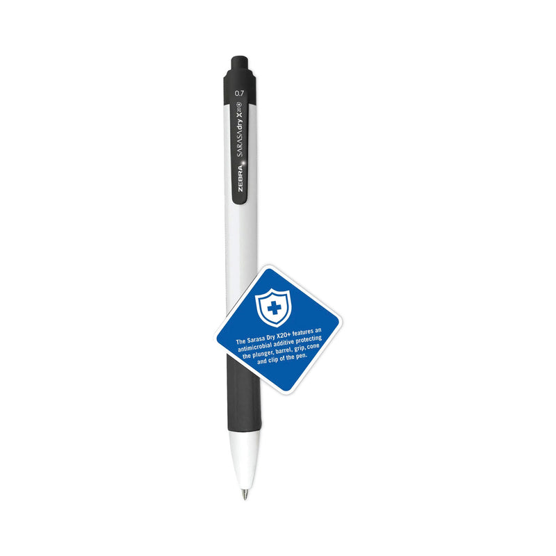 Zebra Sarasa Dry X20+ Gel Pen, Retractable, Fine 0.7 mm, Black Ink, White Barrel, Dozen