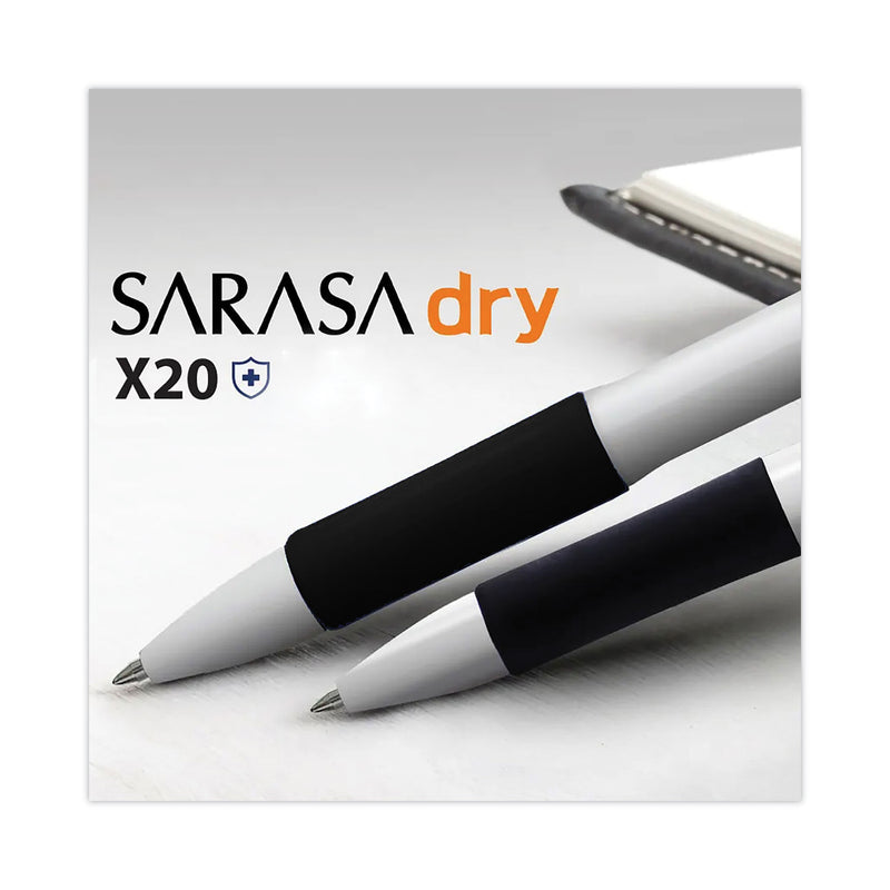 Zebra Sarasa Dry X20+ Gel Pen, Retractable, Fine 0.7 mm, Black Ink, White Barrel, Dozen