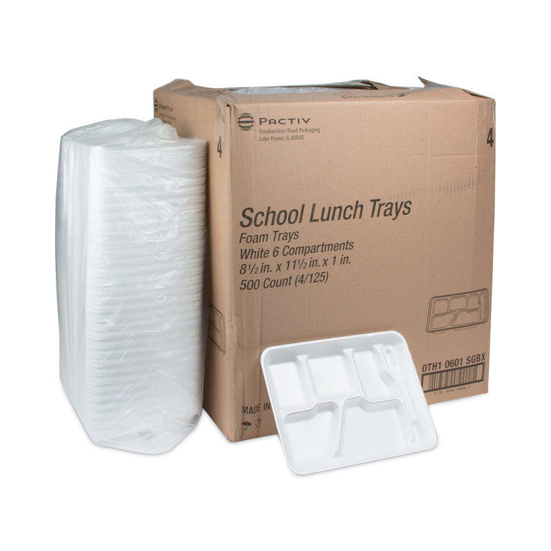 Pactiv Evergreen Foam School Trays, 6-Compartment, 8.5 x 11.5 x 1.25, White, 500/Carton