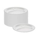 Pactiv Evergreen Placesetter Deluxe Laminated Foam Dinnerware, 3-Compartment Plate, 8.88" dia, White, 500/Carton