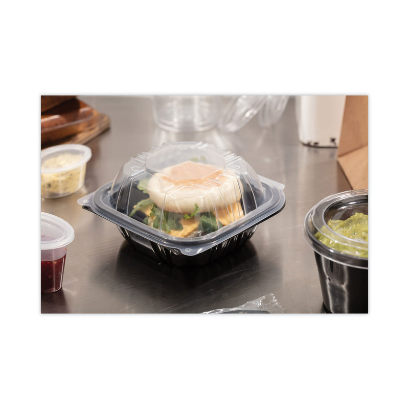 Pactiv Evergreen EarthChoice Vented Dual Color Microwavable Hinged Lid Container, 1-Compartment, 16oz, 6 x 6 x 3, Black/Clear, Plastic, 321/CT