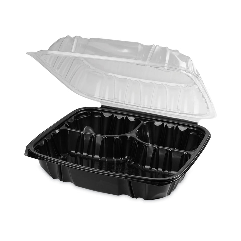 Pactiv Evergreen EarthChoice Vented Dual Color Microwavable Hinged Lid Container, 3-Compartment 34oz, 10.5x9.5x3, Black/Clear, Plastic, 132/CT