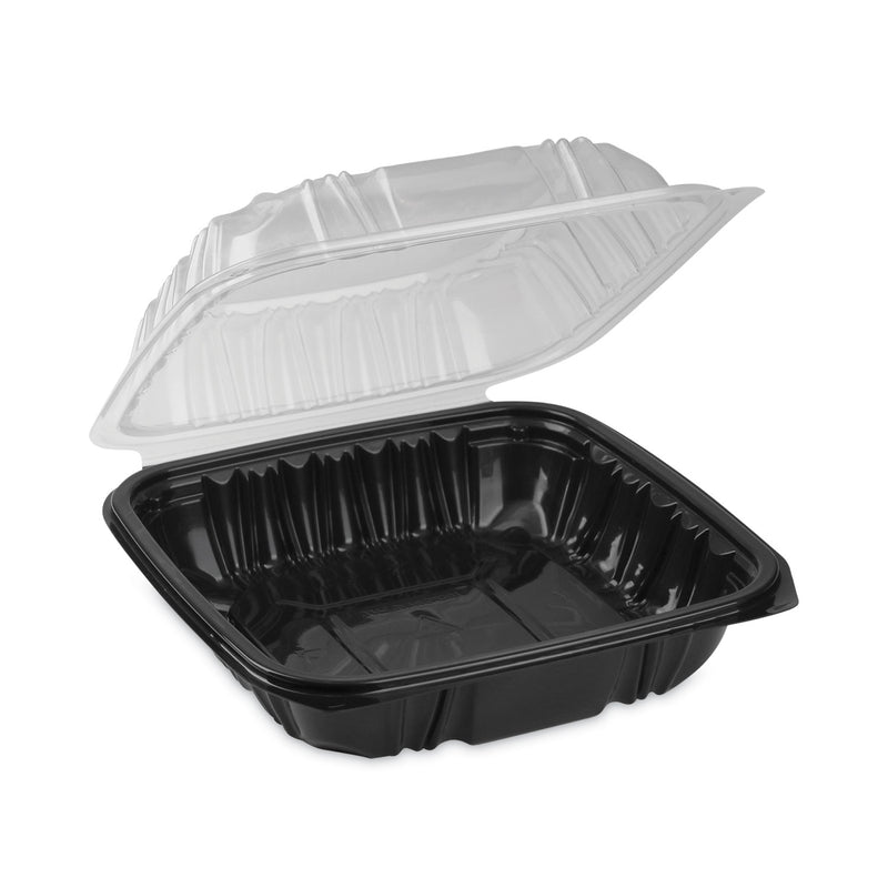 Pactiv Evergreen EarthChoice Vented Dual Color Microwavable Hinged Lid Container, 1-Compartment, 38oz, 8.5x8.5x3, Black/Clear, Plastic, 150/CT
