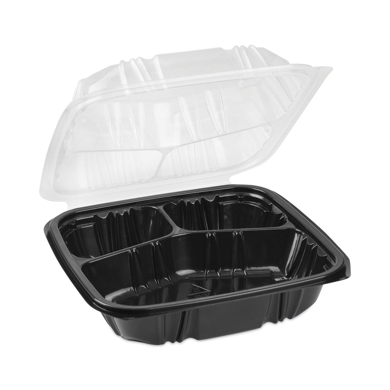 Pactiv Evergreen EarthChoice Vented Dual Color Microwavable Hinged Lid Container, 33oz, 8.5x8.5x3, 3-Compartment, Black/Clear, Plastic, 150/CT