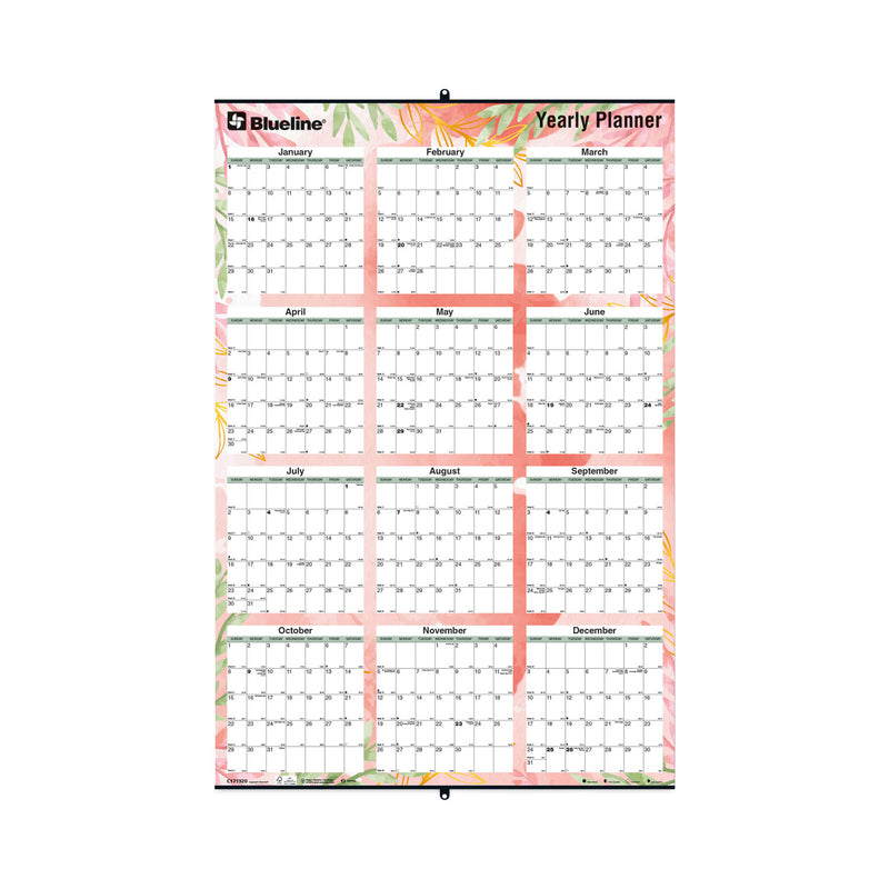 Blueline Yearly Laminated Wall Calendar, Autumn Leaves Watercolor Artwork, 36 x 24, White/Sand/Orange Sheets, 12-Month (Jan-Dec): 2023