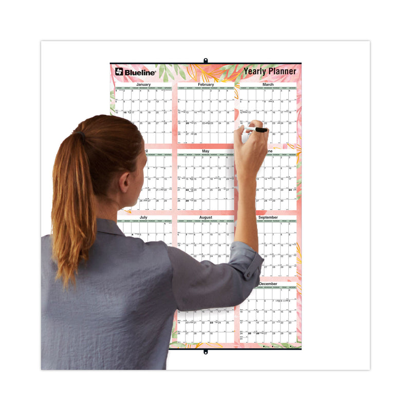Blueline Yearly Laminated Wall Calendar, Autumn Leaves Watercolor Artwork, 36 x 24, White/Sand/Orange Sheets, 12-Month (Jan-Dec): 2023