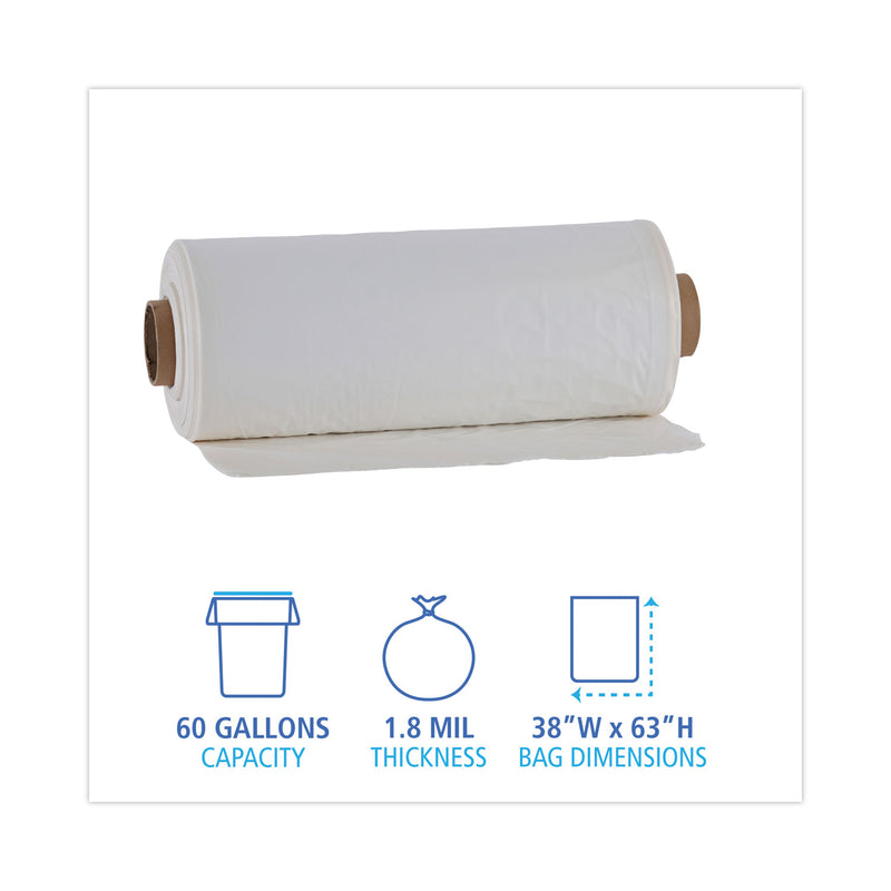 Boardwalk Industrial Drum Liners Rolls, 60 gal, 1.8 mil, 38 x 63, Clear, 1 Roll of 75 Bags