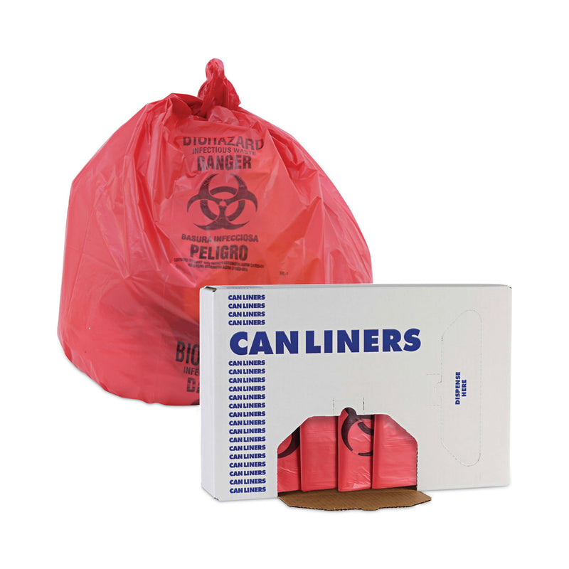 Boardwalk Linear Low Density Health Care Trash Can Liners, 16 gal, 1.3 mil, 24 x 32, Red, 250/Carton