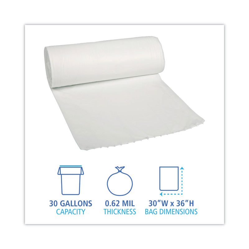 Boardwalk Low Density Repro Can Liners, 30 gal, 0.62 mil, 30" x 36", White, 10 Bags/Roll, 20 Rolls/Carton
