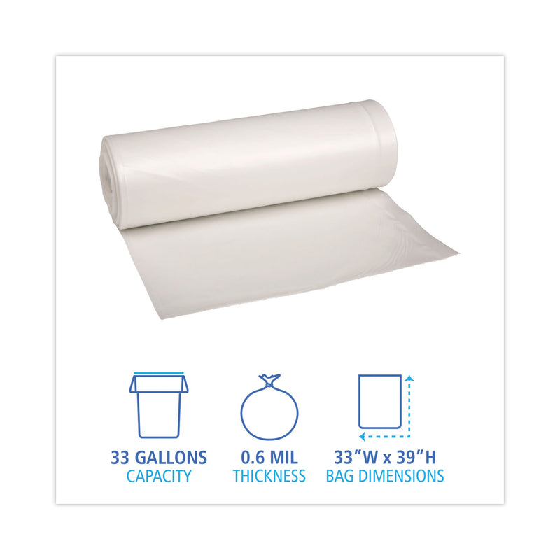 Boardwalk Low-Density Waste Can Liners, 33 gal, 0.6 mil, 33 x 39, White, 6 Rolls of 25 Bags