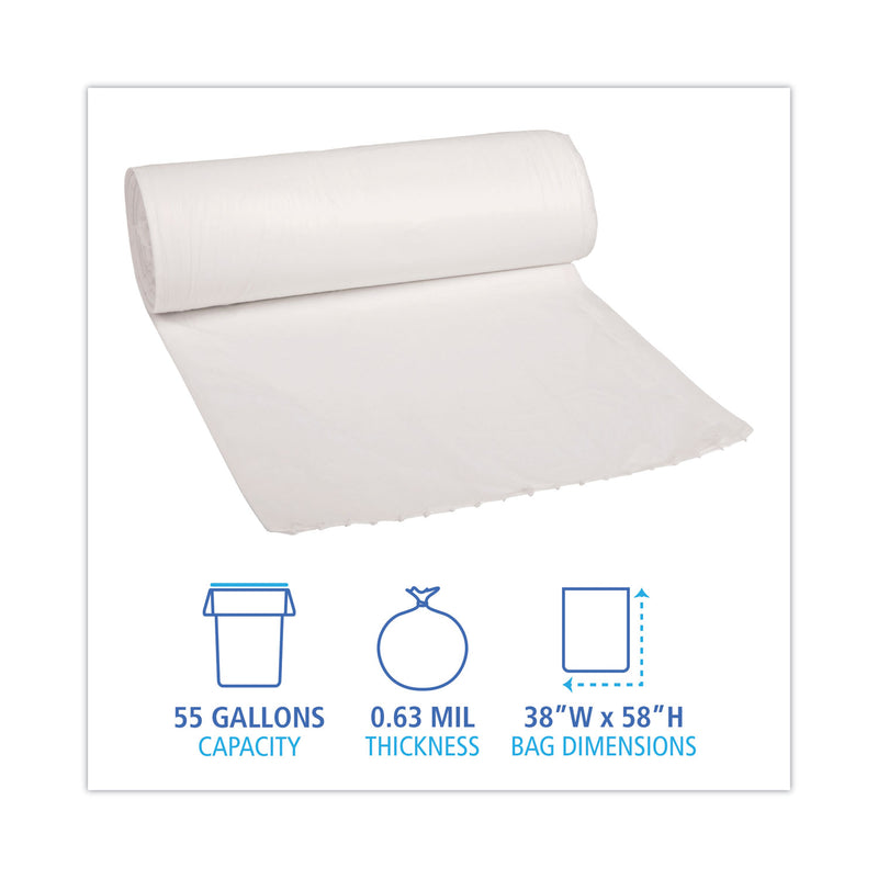 Boardwalk Low Density Repro Can Liners, 55 gal, 0.63 mil, 38" x 58", White, 10 Bags/Roll, 10 Rolls/Carton