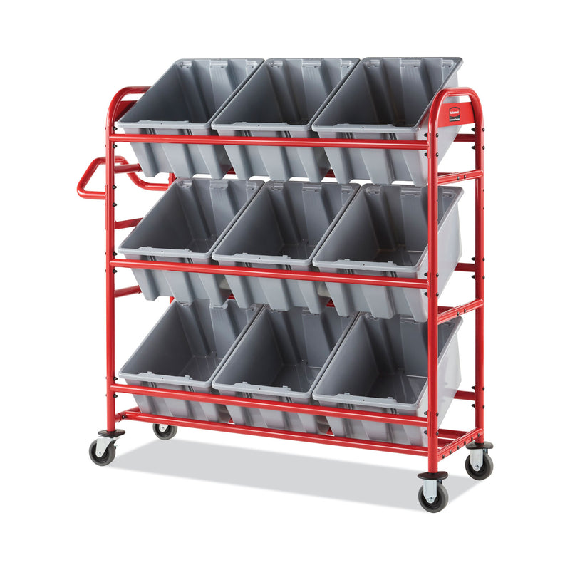 Rubbermaid Tote Picking Cart, Metal, 3 Shelves, 450 lb Capacity, 57" x 18.5" x 55", Red