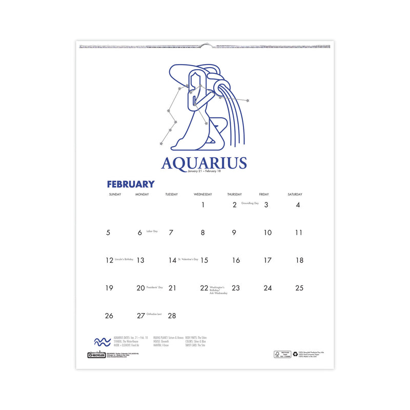 House of Doolittle Recycled Zodiac Wall Calendar, Zodiac Artwork, 14 x 11, 12-Month (Jan to Dec), White/Multicolor Sheets