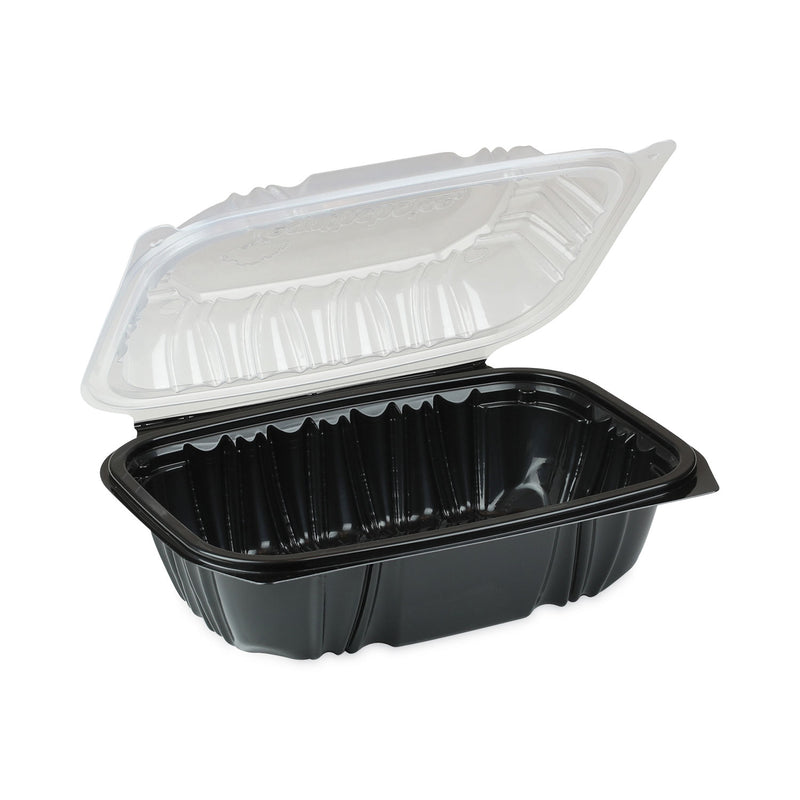 Pactiv Evergreen EarthChoice Vented Dual Color Microwavable Hinged Lid Container, 34oz, 9 x 6 x 3, 1-Compartment, Black/Clear, Plastic, 140/CT