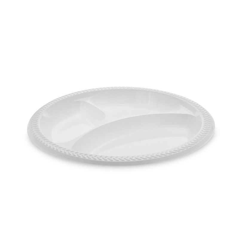 Pactiv Evergreen Meadoware Impact Plastic Dinnerware, 3-Compartment Plate, 10.25" dia, White, 500/Carton