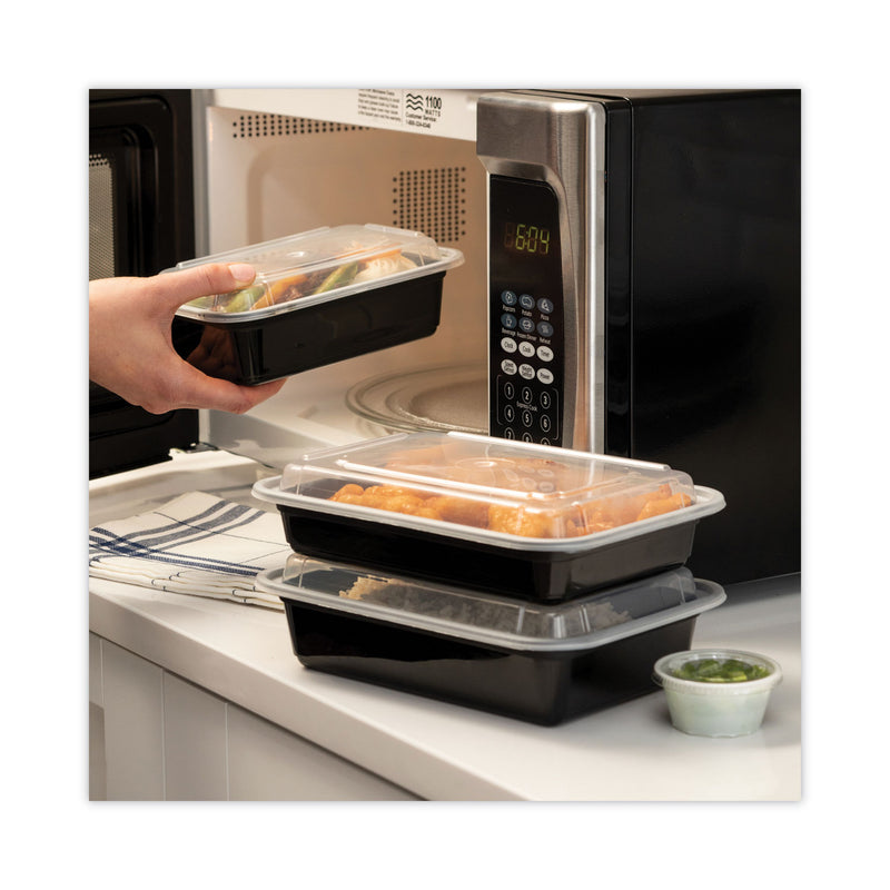 Pactiv Evergreen Newspring VERSAtainer Microwavable Containers, 28 oz, 7.25 x 5 x 1.5, Black Base/Clear Lid, Plastic, 150/Carton