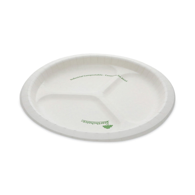 Pactiv Evergreen EarthChoice Pressware Compostable Dinnerware, 3-Compartment Plate, 10" dia, White, 250/Carton