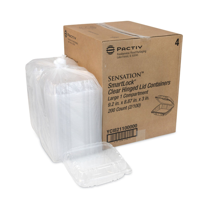 Pactiv Evergreen SENSATION SmartLock Hinged Lid Container, 9.21 x 8.87 x 3.07, Clear, Plastic, 200/Carton