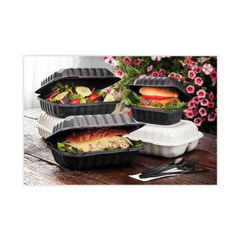 Pactiv Evergreen EarthChoice SmartLock Microwavable MFPP Hinged Lid Container, 8.31 x 8.35 x 3.1, Black, Plastic, 200/Carton
